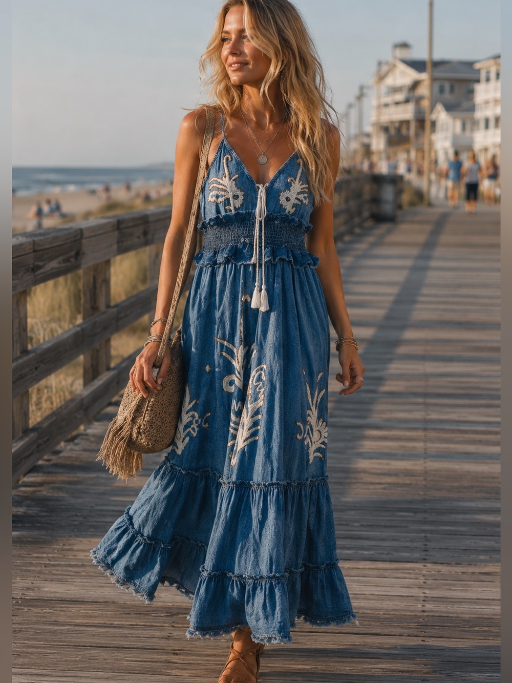 POL Blue Maxi Summer Dress with White Embroidered Accents